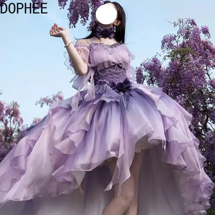 

Фиолетовое платье принцессы с нерегулярным градиентом, длинное пышное платье Лолиты, бриллианты и бусы, милый бант, свадебные платья с короткими рукавами и цветами