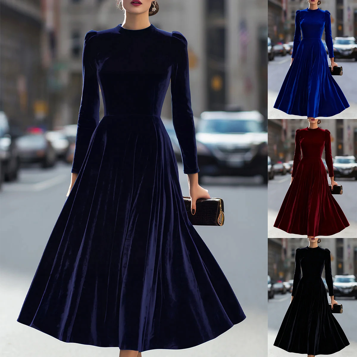Samtkleid mit langen Ärmeln und Rundhalsausschnitt, elegantes, künstlerisches, Retro-Midikleid im chinesischen Stil, lässig, bequem, aus Polyesterstoff