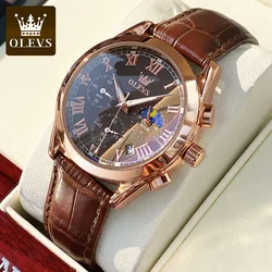 OLEVS 2871 Men's Watch Lunar Phase Timing Code Watch Waterproof Leather Strap Luxury Brand Men's Quartz Watch Reno Masculino