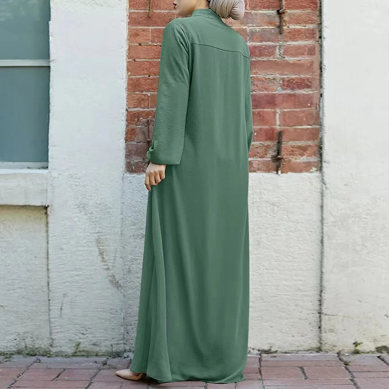 New Abaya for Muslim Arab Women Solid Color Temperament Cotton Linen Long Sleeved Standing Neck Fashion Loose Casual Long Dress