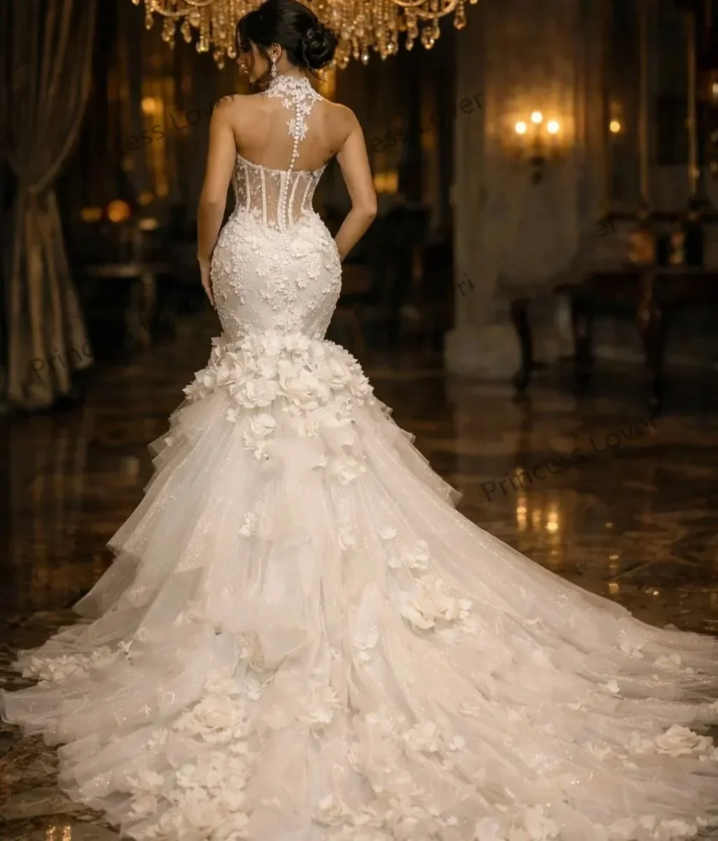Luxury Mermaid Wedding Dresses 2026 High Neck Flowers Lace Appliques Ruffles Tulle Bridal Bride Gown Vestidos De Noiva