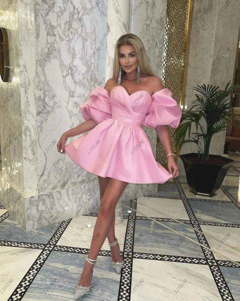 LIYYLHQ 2024 Short Pink Prom Dress Puffy Short Sleeve Satin Mini Dress Party Evening Elegant Women Celebrity Homecoming Dresses