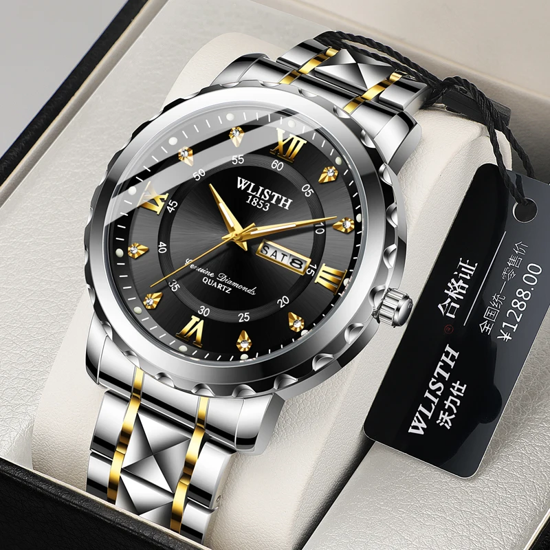 

Мужские часы, модные, с двойным календарем, подсветкой, водонепроницаемые, стальной браслет, для бизнеса и отдыха, кварцевые часы для мужчин, reloj hombre