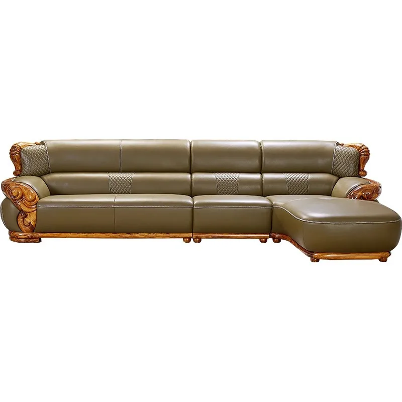 

Ebony leather sofa luxury first layer cowhide solid wood furniture size modern princess