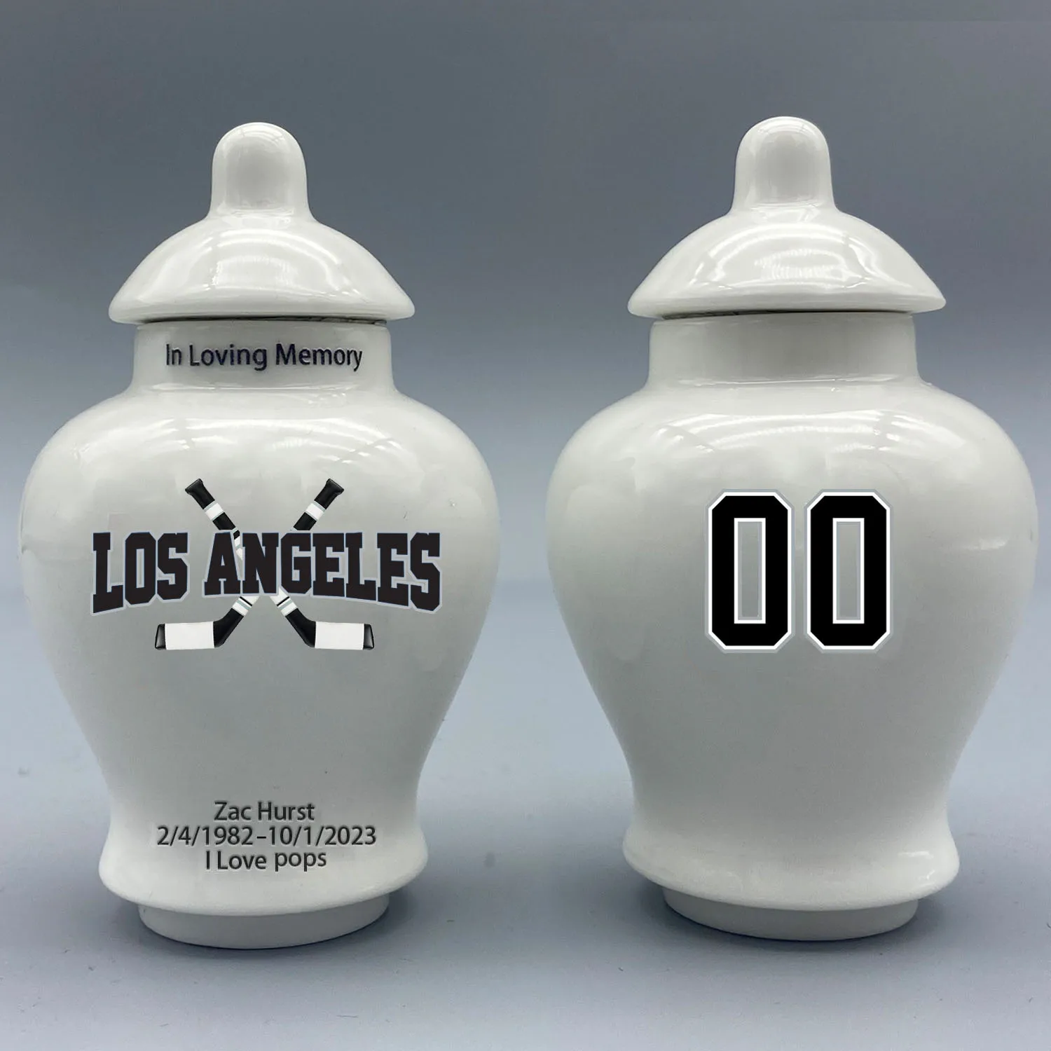 Mini Urn for Los Angeles Kings-themed Hockey Urn.Please send me the customization information - name/date and number on the urn