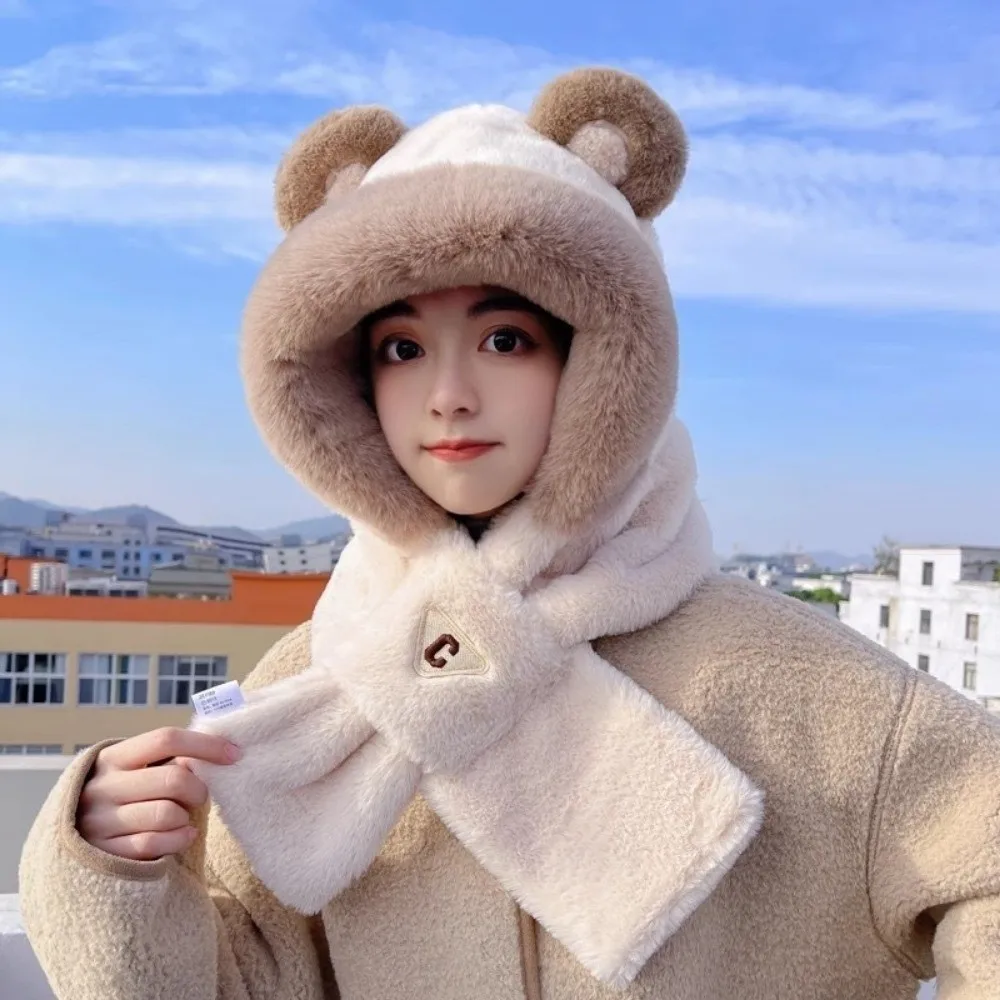 

Outdoor Winter Integrated Scarf Hat Thickened Plush Scarf Hooded Cap Soft Warm Hat Scarf Set Cycling Cap