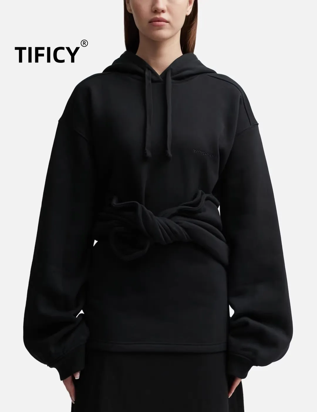 High Street Men and Women's Dark Niche Independent Personality Waist Knot Decoration Embroidery Knitted Hooded Loose Sweatshirt