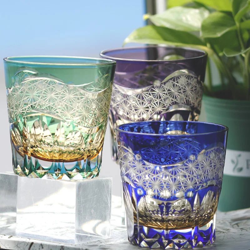 Japanese Style Edo Kiriko Whiskey Glass Tumbler Hand Cut To Clear Colored Old Fashioned Glass Engraved Crystal Glass Barware