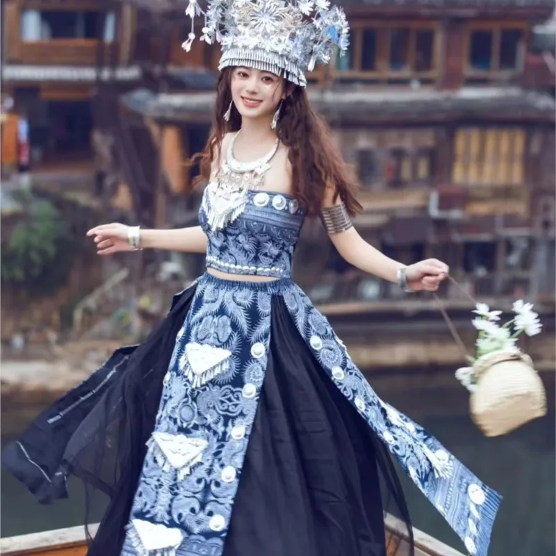 Nowa damska sukienka bez ramiączek w stylu batik, długa sukienka, kostium w stylu etnicznym, nakrycie głowy i kołnierz do fotografii podróżniczej