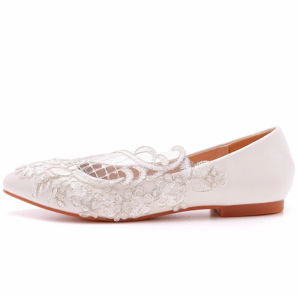 Crystal Queen Ladies Fashion White Lace Bride Wedding Shoes Casual Women Dress Sweet Ballet Flats Size 34-43