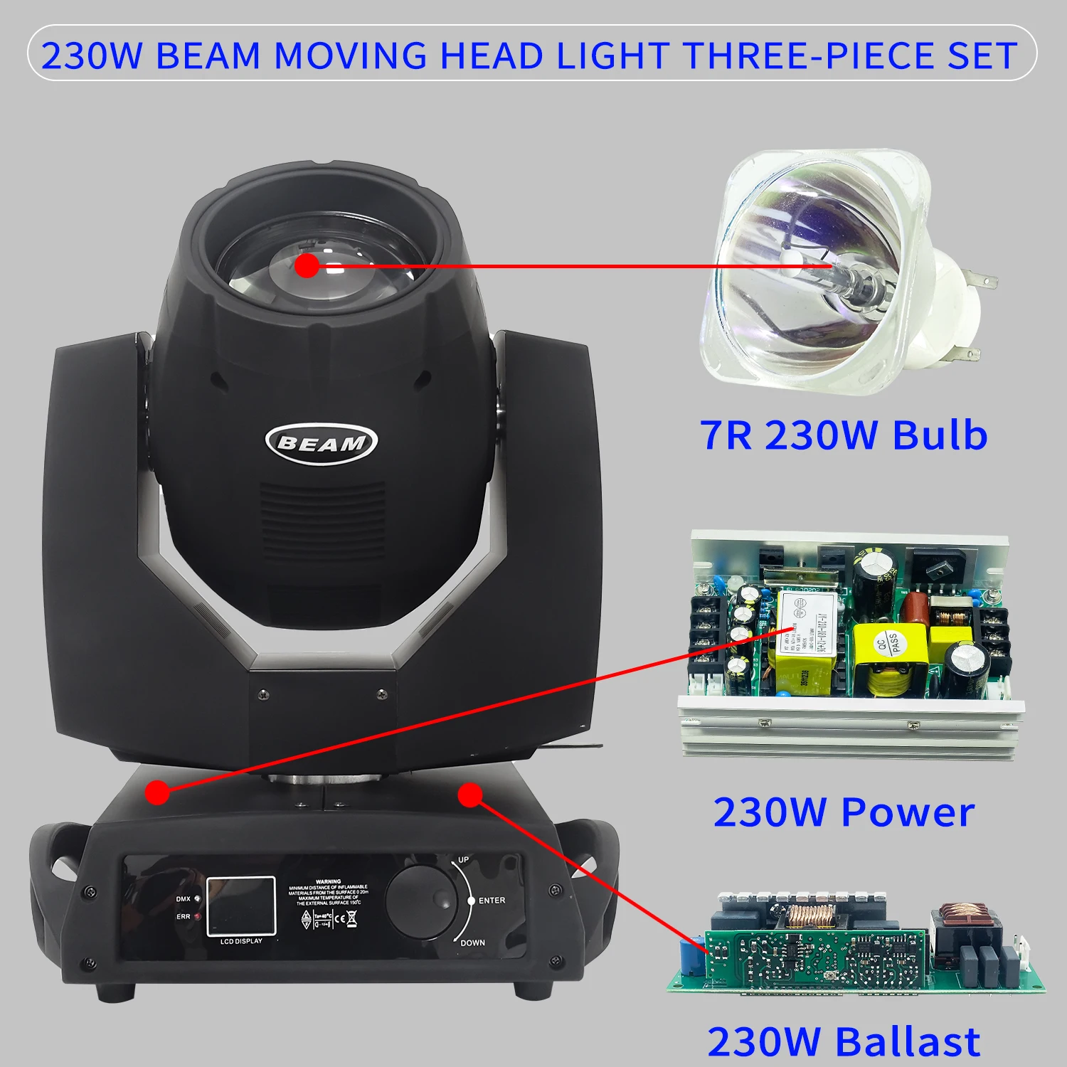 1 Juego de cabezal móvil 7R, 230W, 5R, 200w, fuente de alimentación de 230-380V, 28V, 24V, 12V, 36V con balasto de suministro de lámpara de haz