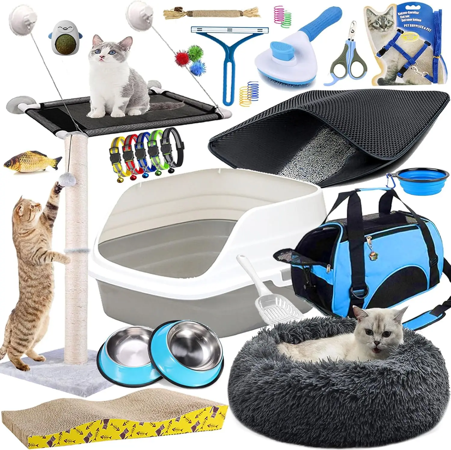 

Cat Essentials and Cat Stuff. includes Cat Litter Box, Toys, Bed, Carrier, Bowls