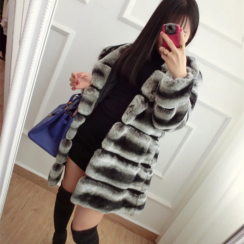 CNEGOVIK High Quality Chinchilla Fur Coats For Women Rex Rabbit Fur Coat With Hood Real Fur Coat