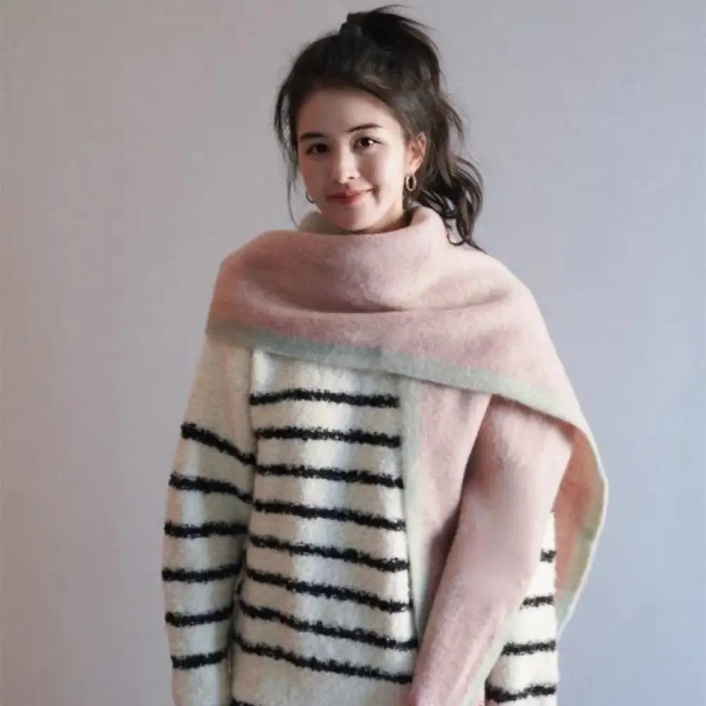 Stripes Mohair Thicken Scarf For Women Gradient Color Imitation Cashmere Scarves Winter Big Tassel Shawl Long Poncho Echarpe