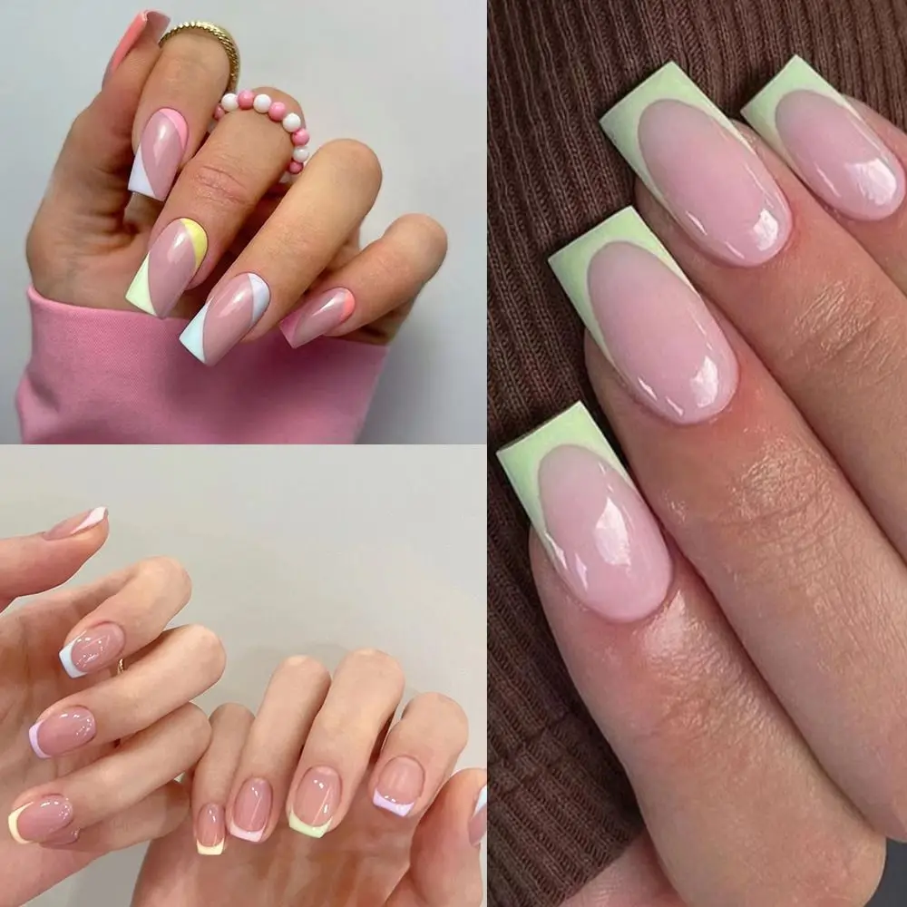 Uñas postizas para manicura, accesorio para uñas postizas de 24 piezas, con borde verde, estilo francés