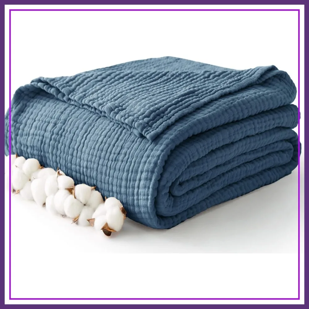 

6 Layer Cotton Muslin Blanket King 108"x90", Lightweight Gauze Throw for Bed, Soft Quilt Coverlet, All Season, Dark Blue