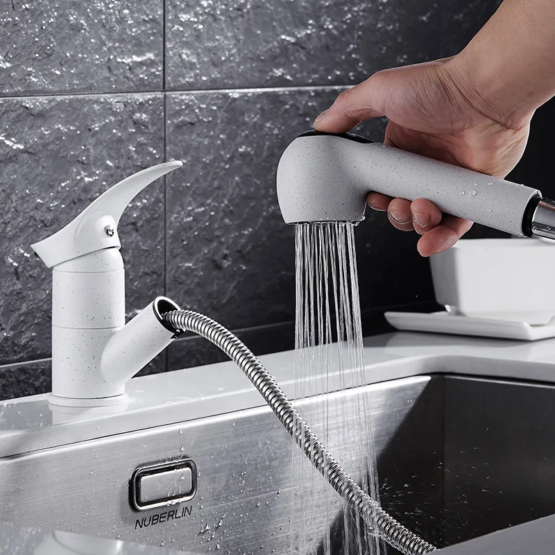 Kitchen Faucet hot and cold Single Lever Pull Out sink mixer Brass White or Nickle Brushed Water Tap