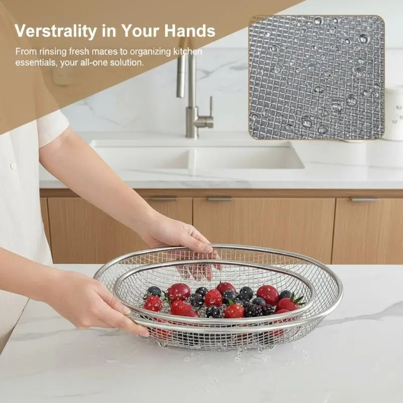 Stainless Steel Fruit And Vegetable Basket Oval Drainage Basket Mesh Frame Mesh Screen Kitchen Washing Basket Storage Basket