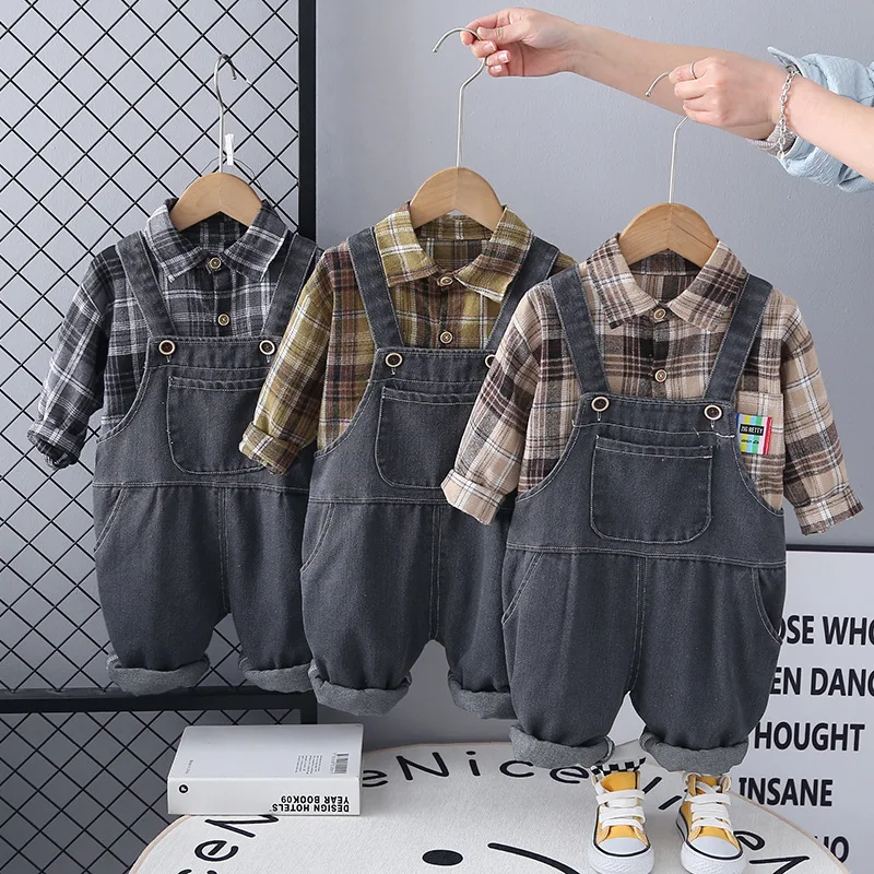 

Осенняя клетчатая рубашка для мальчиков и джинсовый комбинезон, комплект из 2 предметов, наряд для малышей 1–6 лет, осенне-зимний модный детский повседневный комбинезон