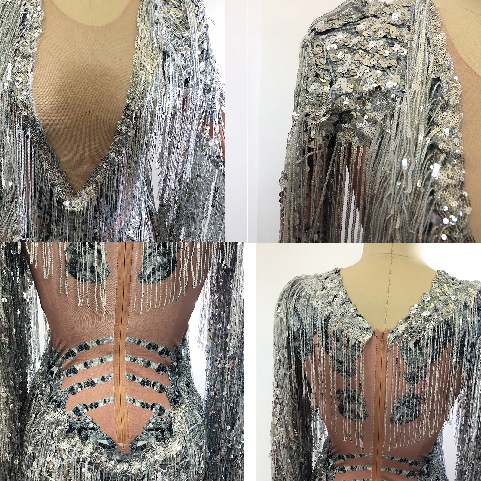 Shiny Sequinsพู่One Pieceหมวกเครื่องแต่งกายประสิทธิภาพสตรีOne Pieceเครื่องแต่งกายเต้นรํานักร้องStage Partyเสื้อผ้ากระชับ