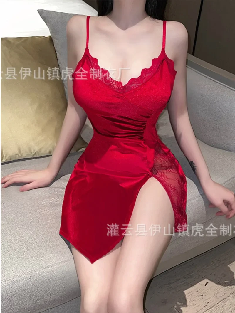 

Exotic Summer Fashion Women's Cute Girl Style Deep V Open Breast Lace Pattern Split Lace Open Back Sexy Strap Tight Dres P2VR