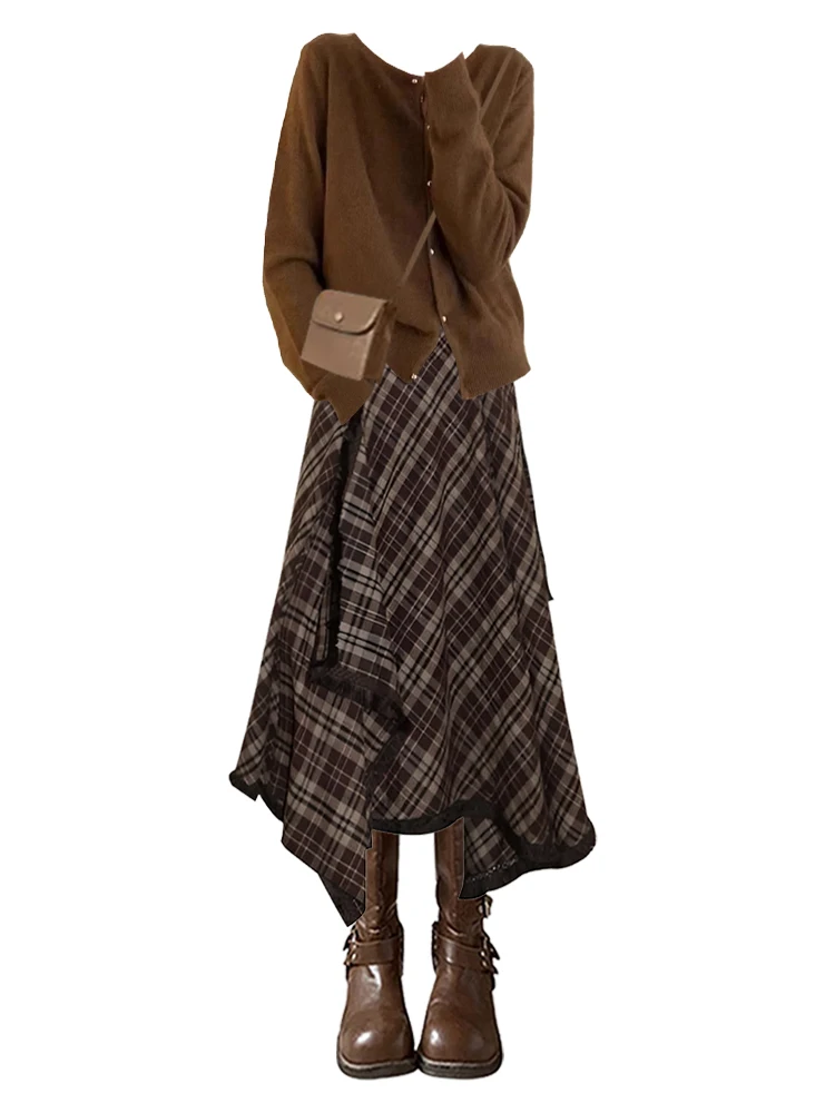 Weiche gemütliche Strickpullover Strickjacke Herbst Winter faul kariert A-Linie langer Rock zweiteiliges Set Damen Faion Loose Sle Kleidung