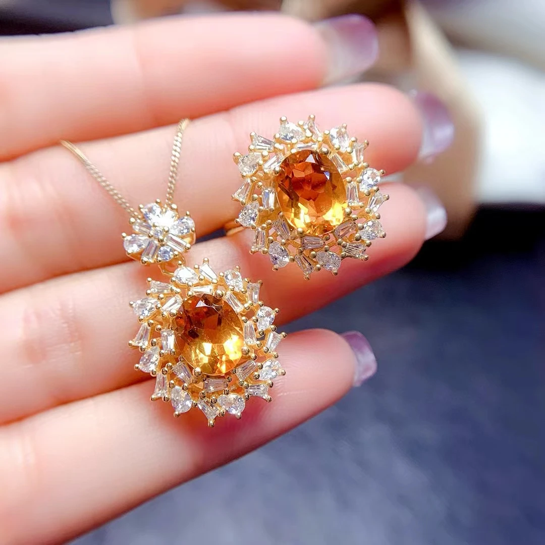 

MeiBaPJ 7mm*9mm Natural Citrine Flower Jewelry Set 925 Silver Necklace Ring 2-piece Suite Wedding Jewelry for Women