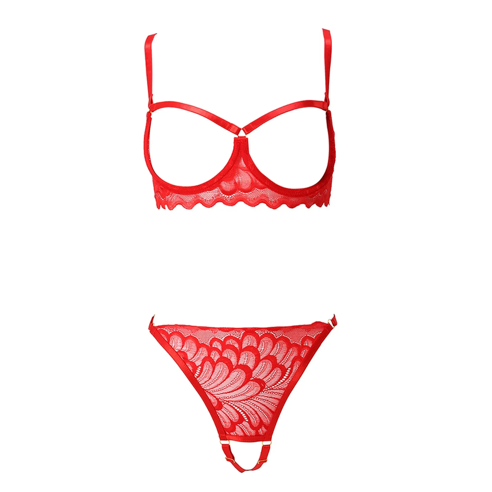 2023 Women\'s Lingerie Set Sexy Lace Mesh Hollow Out Open Bras Crotchless Panties Two-piece Suit Red Underwear Set Babydolls