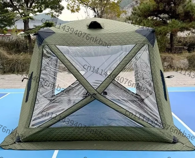 Fully Automatic Portable Ice Fishing Tent, Quick Setup Winter Ice Shelter with Chimney Hole and Transparent Window