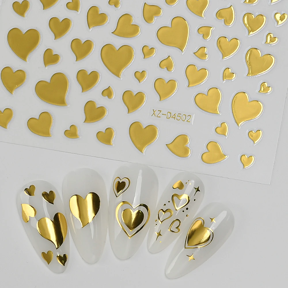 1Pc 3D Golden Heart Nail Art Stickers 3D  Exquisite Valentines Nail Decoration Self Adhesive Decals Metal Heart Nail Decoration
