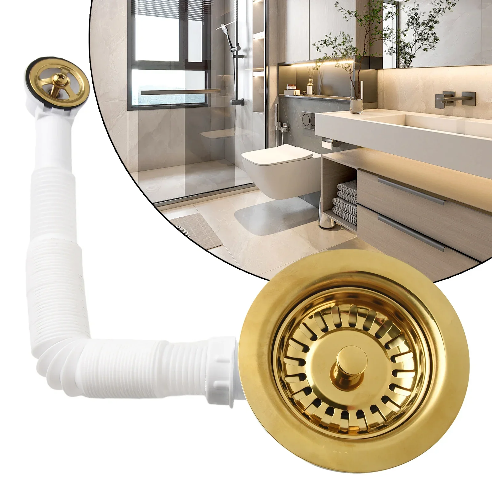 

Drain Sink Downcomer 114MM Gold-Plated Strainer With Overflow Anti Corrosion Kitchen Sink Accessories