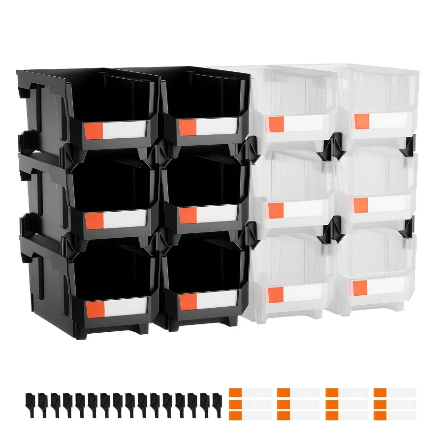 

Пластиковые штабелируемые контейнеры для хранения 14,8 x 8,5 x 7,1 дюйма, 12 штук, черные, прозрачные, для гаража, офиса, мелких деталей, организации хранения