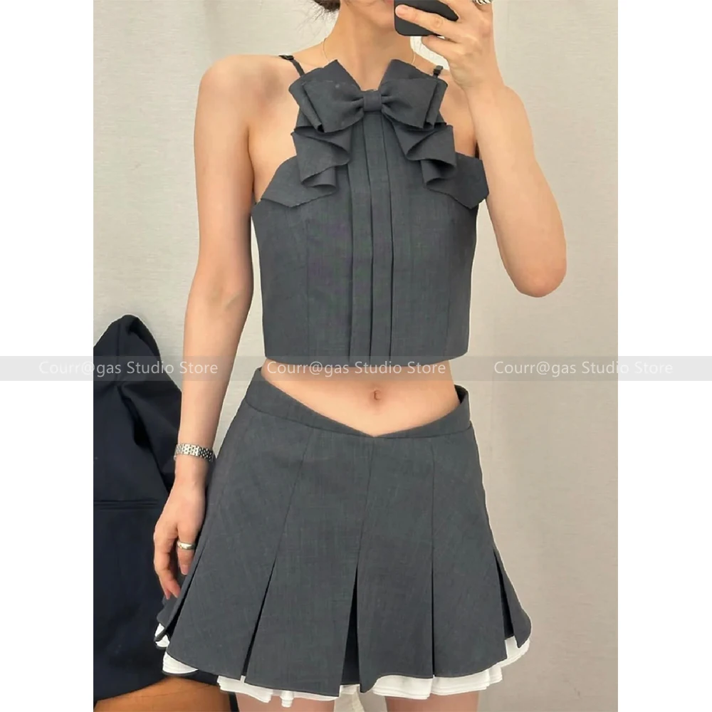 

Bow tie pure desire gray short camisole undershirt top + bustier skirt fashion set 2024 women summer new