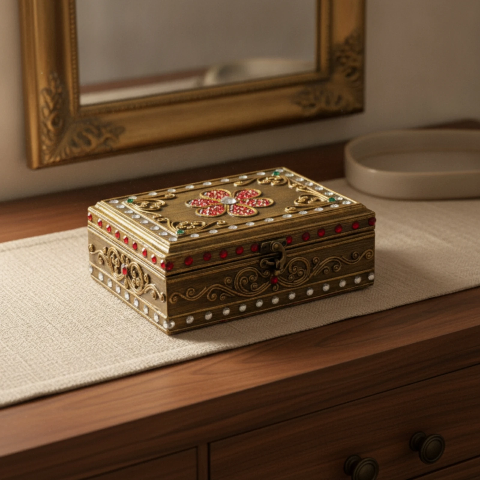 

Carved Jewelry Box with Latch Artisanal Look Wooden Jewelry Box with Mirror Compact Long-Lasting for Women, Vanity, Dresser