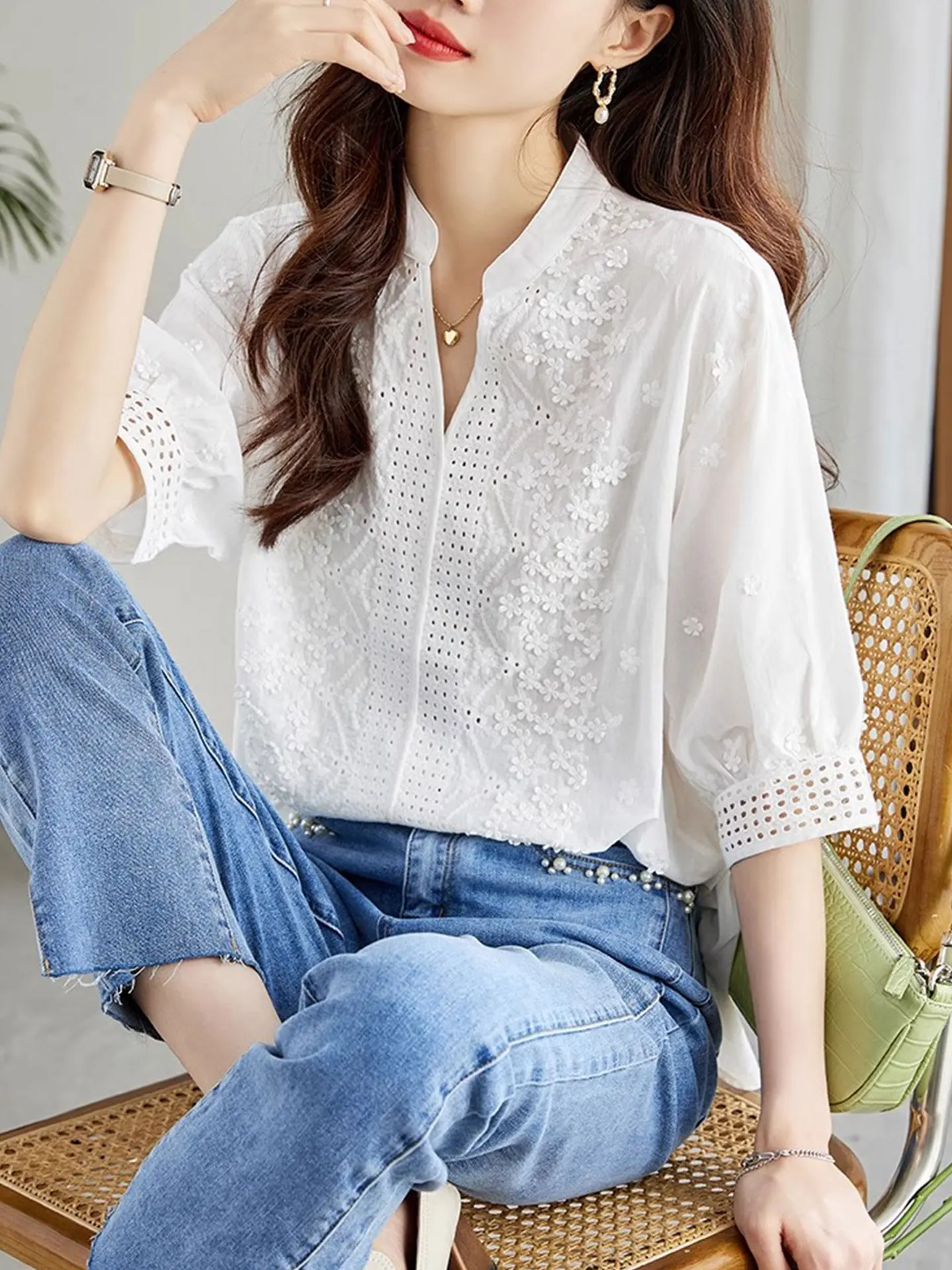 

Летняя женская блузка из шелковой смеси с V-образным вырезом, прямым кроем, ажурными вставками, дышащая, приятная к телу, в корейском стиле