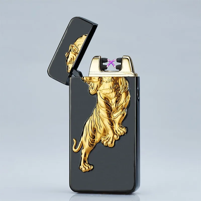 New Creative Dragon and Tiger Pattern Cross Arc USB Charging Lighter Outdoor Windproof Portable Smoking Set Men's Gift