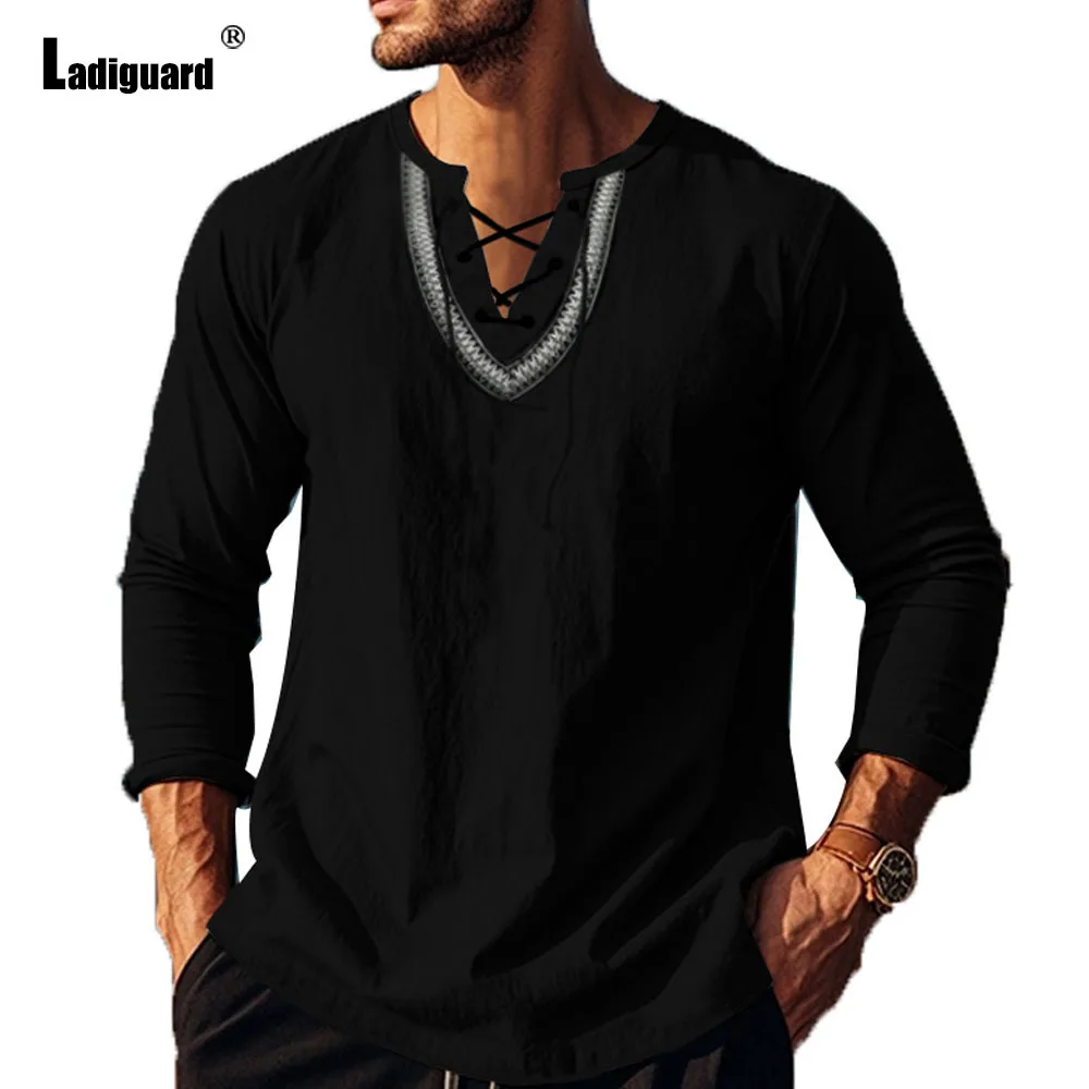 Plus Size 3xl Mens Casual Linen Shirts Clothing 2024 New Boho Lace-up Shirt Blouse Men Long Sleeves Vintage Basic Tops Pullovers