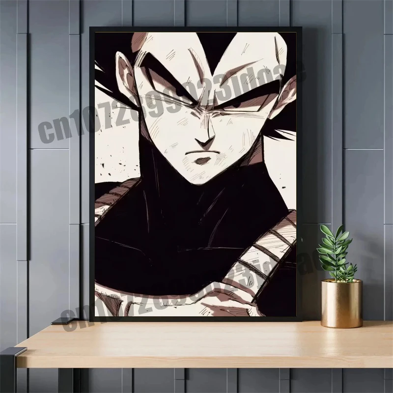 Anime Dragon Ball Goku Vegeta Super Saiyan Hitam dan Putih Gaya Sketsa Cat Air Kanvas Gambar Garis Poster Hadiah Terbaik