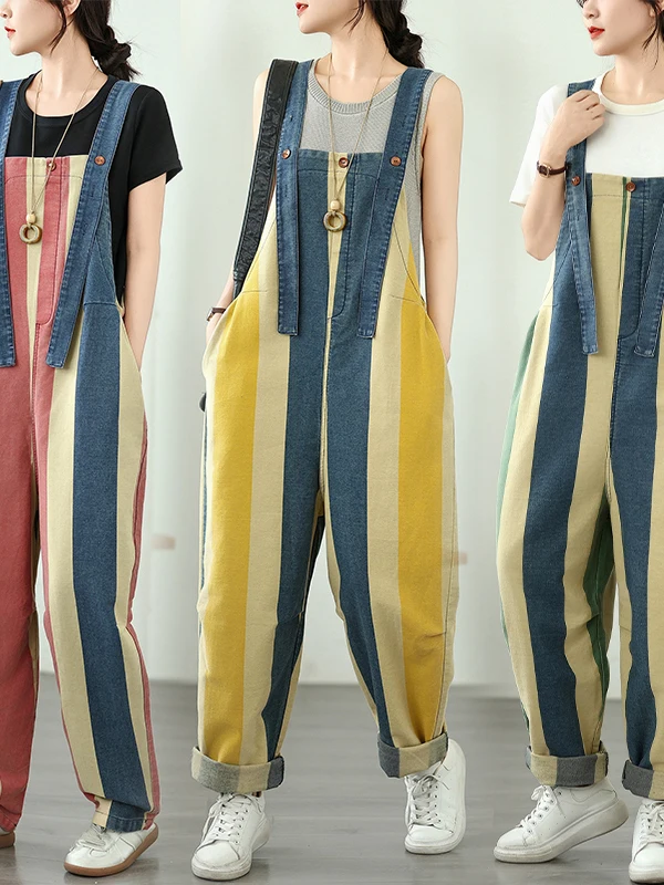 Loose Artistic Striped Color Blo Large ket Denim Overalls Women's Premium Faion Brand Summer Wearable Harajuku Sle