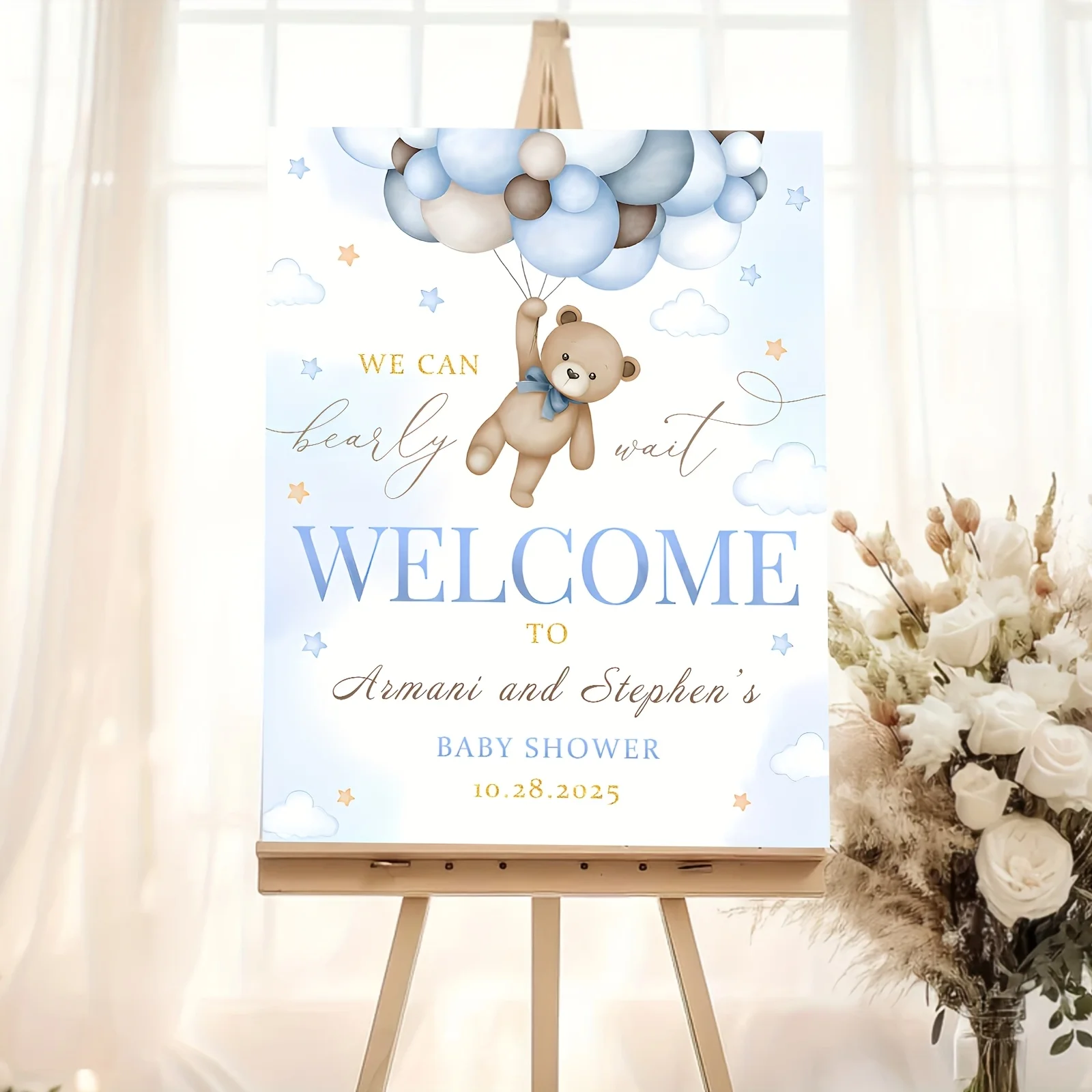 placa-de-boas-vindas-personalizada-para-cha-de-bebe-com-urso-de-pelucia-nome-e-data-personalizados-balao-azul-decoracao-de-entrada-para-cha-de-bebe