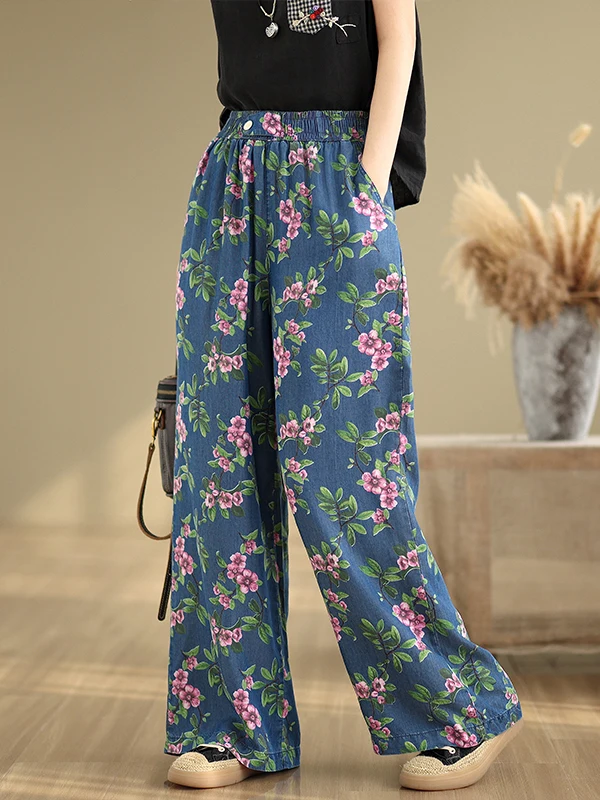 디자인 센세이션 여름 여성 와이드 레그 진스 엘라스틱 웨이스트 하이 웨이스트 블루 데님 스트레이트 컷 팬츠 캐주얼 다용도