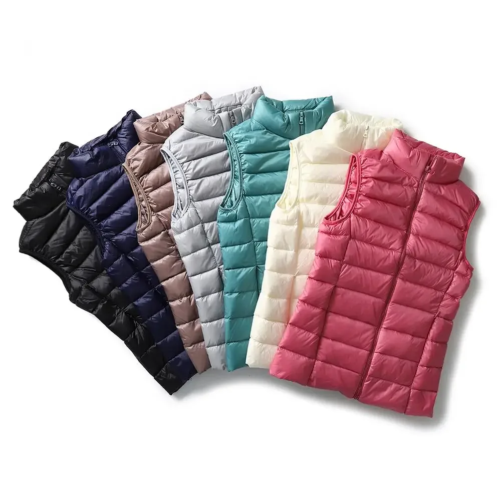 Abrigo ultraligero de plumón de pato para mujer, chaqueta fina con cuello levantado, chaleco acolchado a prueba de viento, sin mangas, portátil, Invierno