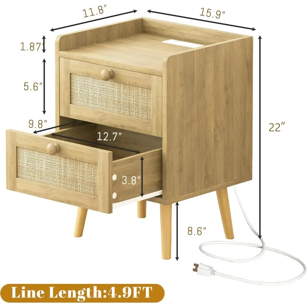 Rattan Nightstand with Charging Station  Rattan Boho End Table with  Drawers Bedroom Bedside Side Tables Natural Night