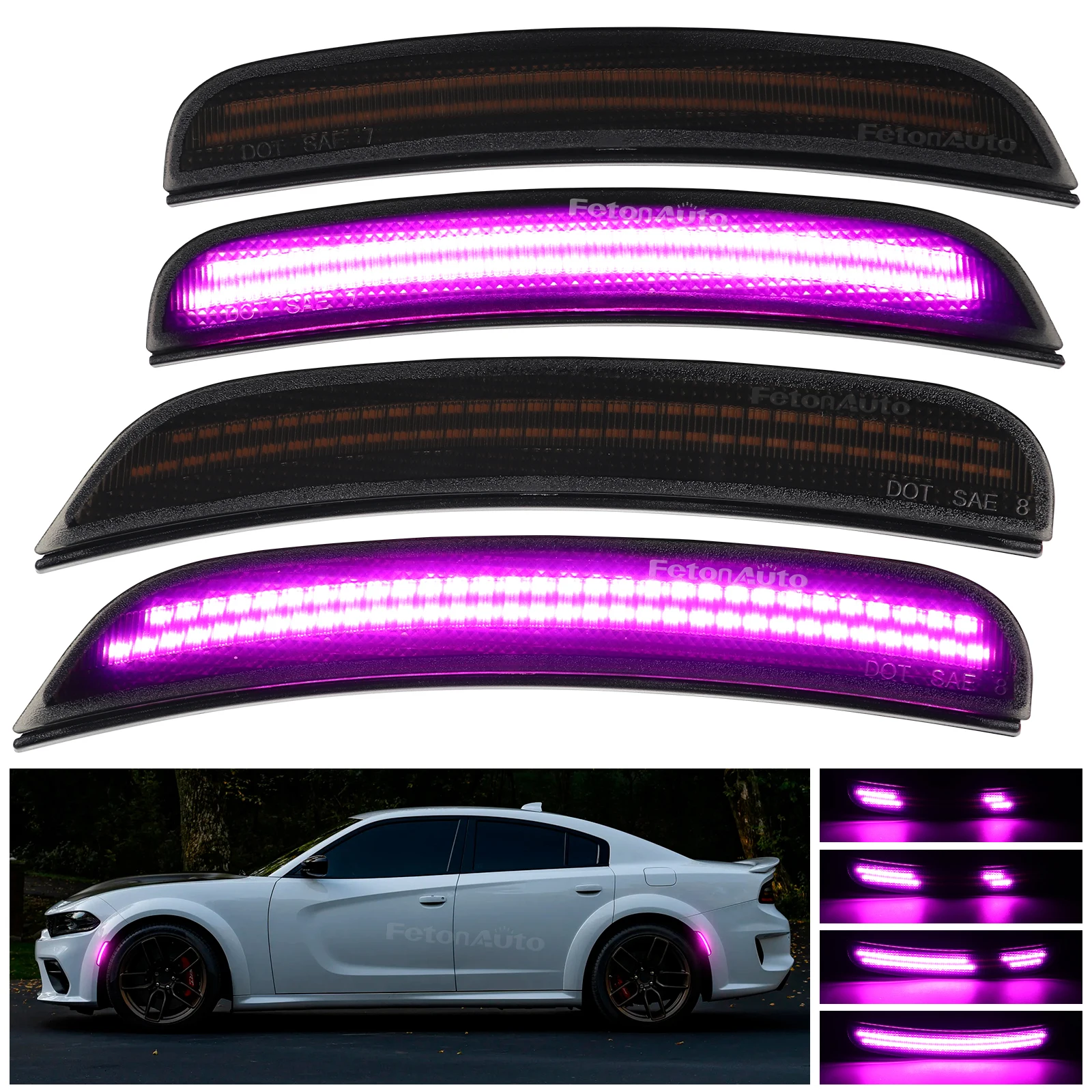 4x Front Rear Lights Dynamic Pink Purple Bumper Turn Signals Side Marker Light Signal Indicator For Dodge Charger 2015-2023