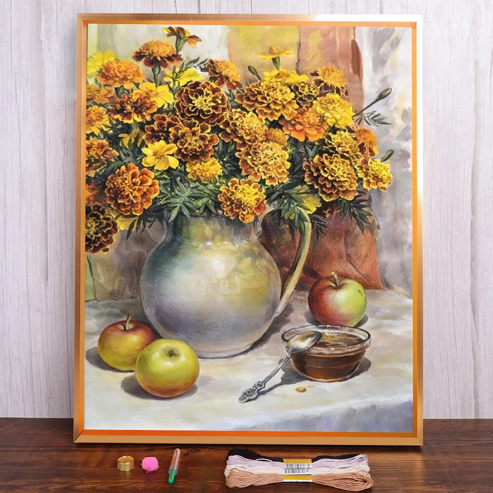 

Still Life Flower Printed Fabric 11CT Cross Stitch Embroidery Full Kit Sewing Knitting Hobby Craft Design Magic Home Decor