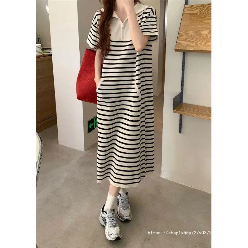 Polo Fashion Lapel Zipper Spliced Striped Casual Dresses Female Clothing 2024 Summer New Loose Korean Short Sleeve Midi Dress