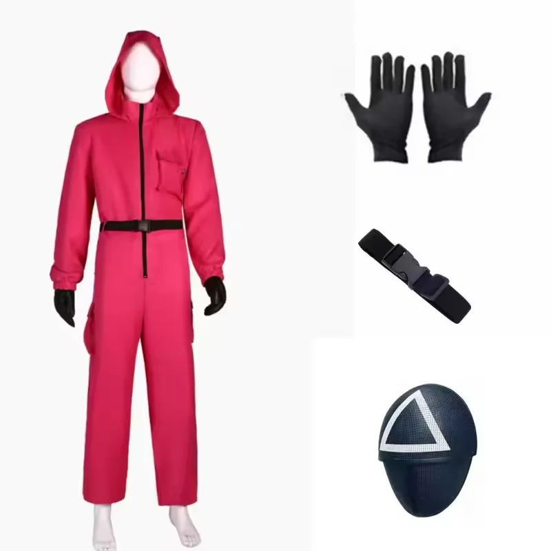 New Red Calamari Game Jumpsuit Cosplay Party Tracksuit Outfits Props Role Play Classic Costume From Korean TV Belt Full Mask Set