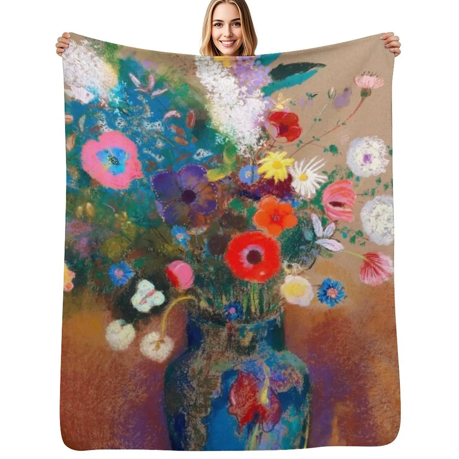 HD Odilon Redon - Vase of Flowers Throw Blanket Travel bed plaid Sofa Custom Nap Flannel Fabric Blankets