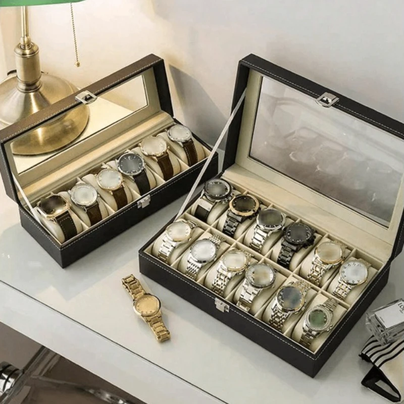 Caja organizadora de relojes de lujo, piel sintética, tapa transparente para exhibición, se adapta a relojes mecánicos y de cuarzo, ideal para regalo