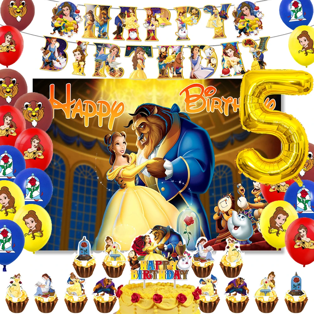 

Beauty and the Beast Belle Princess Girl Birthday Party Number Balloon Banner Background Cake Topper Decoration Supplies Gifts